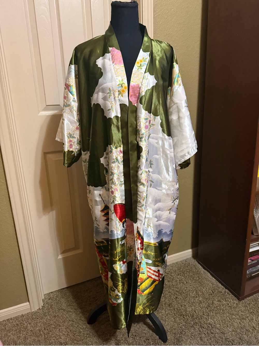 Satin Kimono Robe in Olive Green and White with Floral Motif